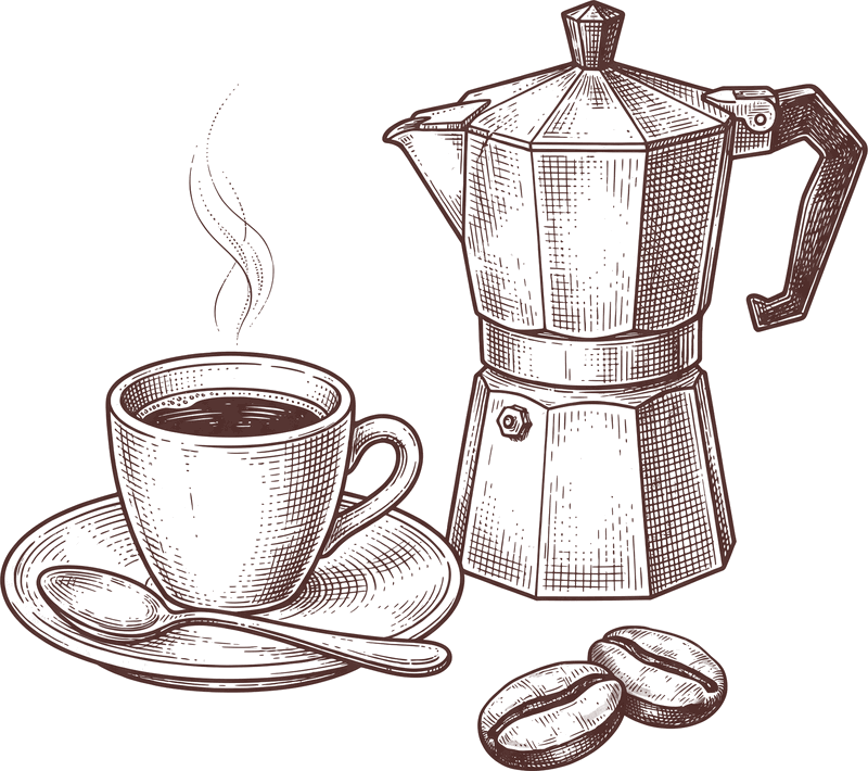 Tuschezeichnung einer Espressotasse mit Mokkakanne