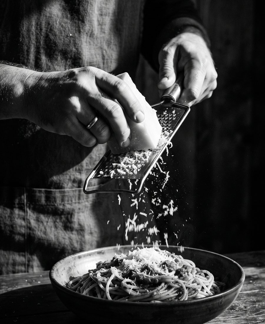 Zwei Hände reiben Hartkäse über eine Schüssel Pasta