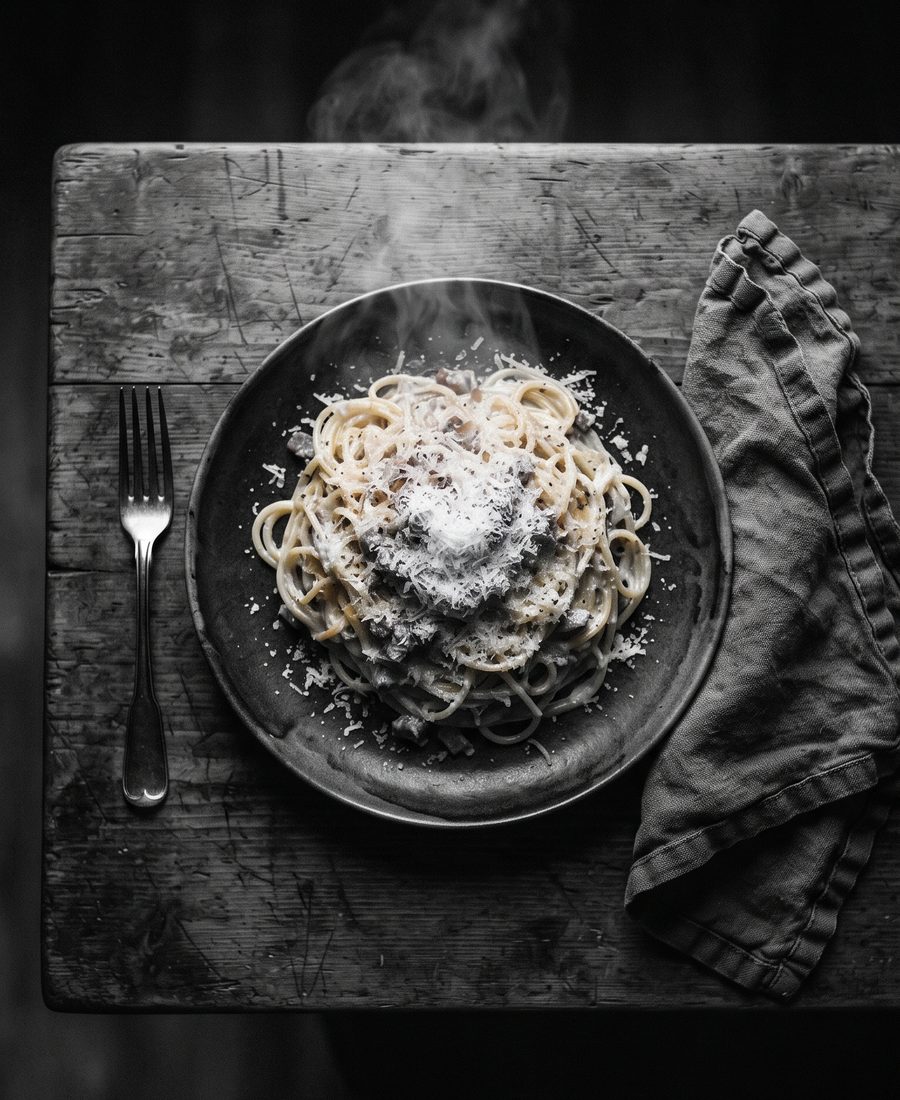 Fertiger Teller Pasta auf dunklem Holztisch