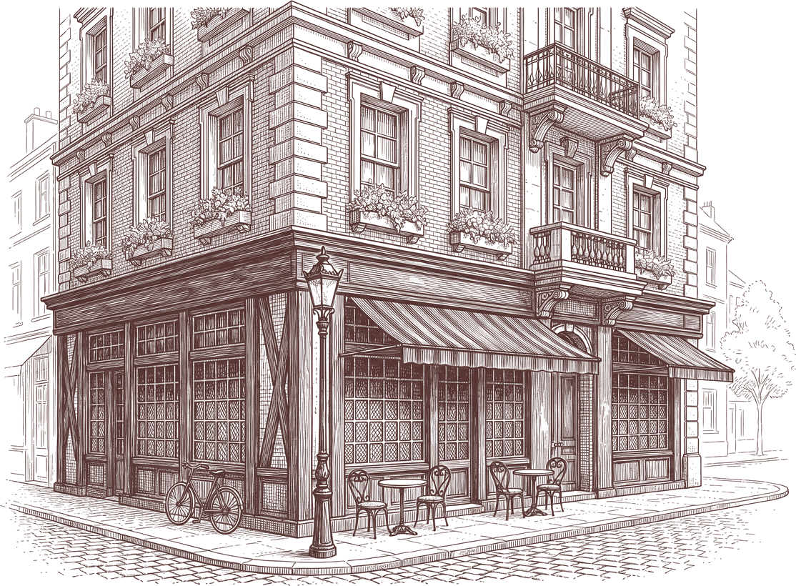 Tuschezeichnung der Hausfassade mit Markise und Bistrotischen