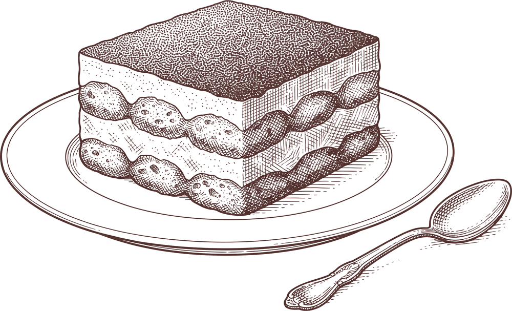 Tuschezeichnung eines Stücks Tiramisu mit Löffel