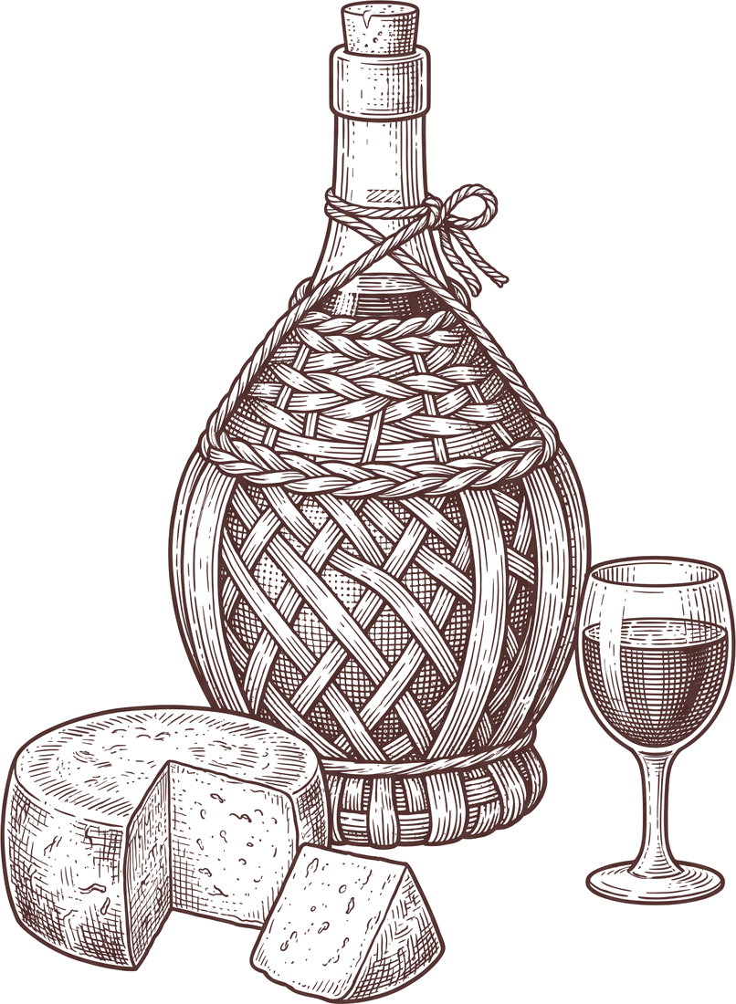 Tuschezeichnung einer Korbflasche mit Glas und Käse